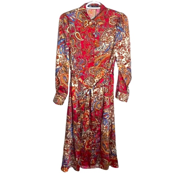 Zara Dresses & Skirts - ZARA paisley print satin shirt dress size XL
